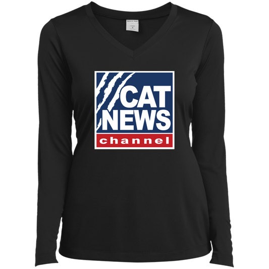 "Cat News" Ladies’ Long Sleeve Performance V-Neck Tee