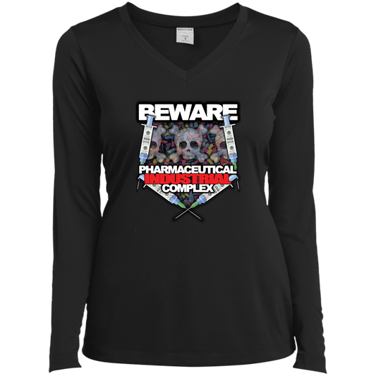 "Pharma Beware" Ladies’ Long Sleeve Performance V-Neck Tee