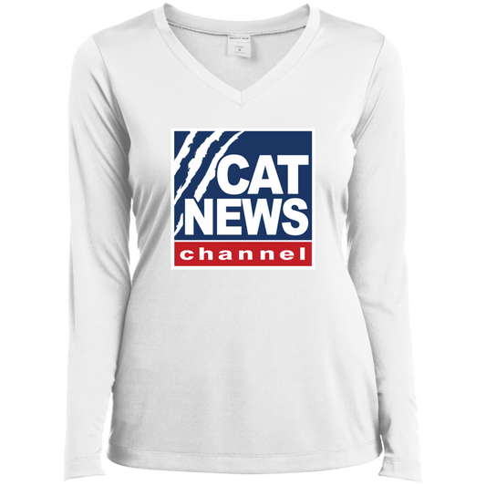 "Cat News" Ladies’ Long Sleeve Performance V-Neck Tee