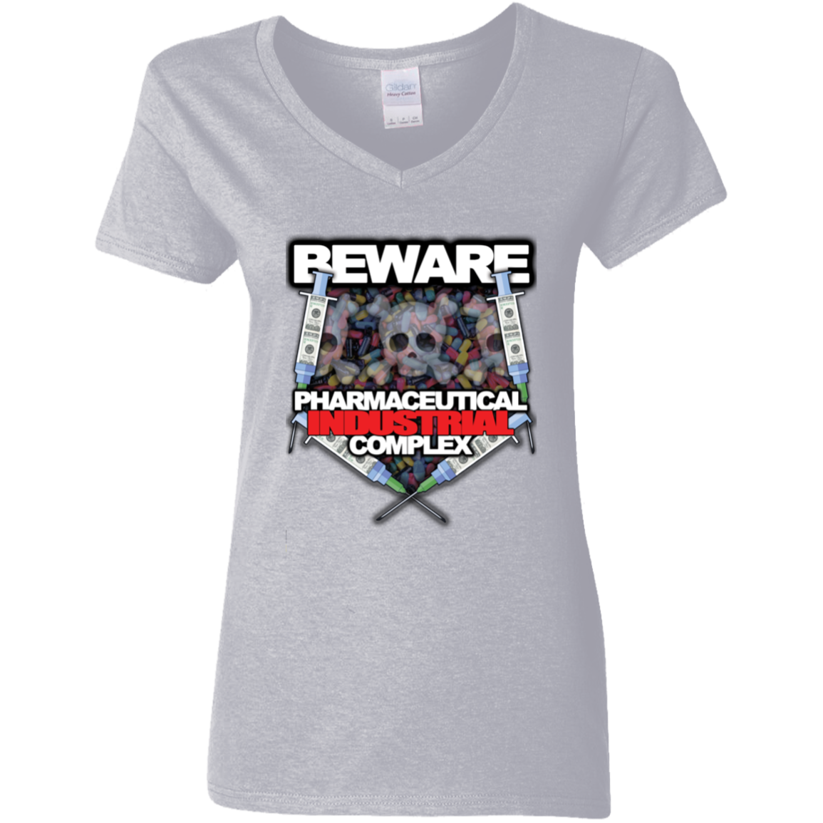 "Pharma Beware" Ladies' 5.3 oz. V-Neck T-Shirt